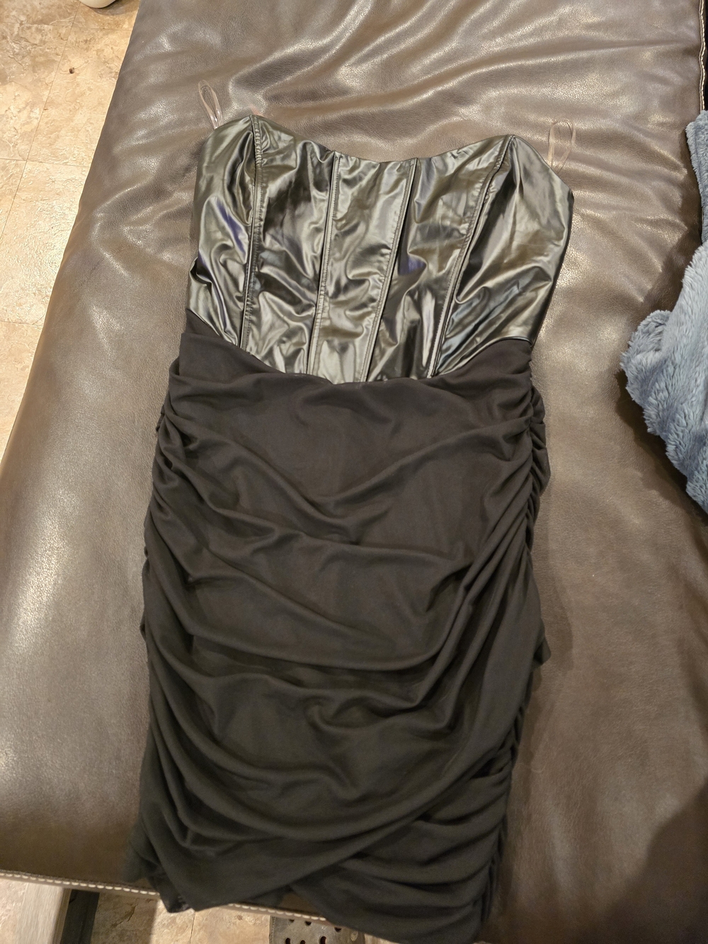 Fashion Nova Strapless Black Satin-Look Bodice Ruched Cocktail Dress